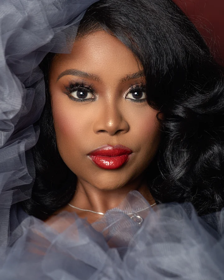 Beauty portrait of a woman with red lips framed in grey tulle