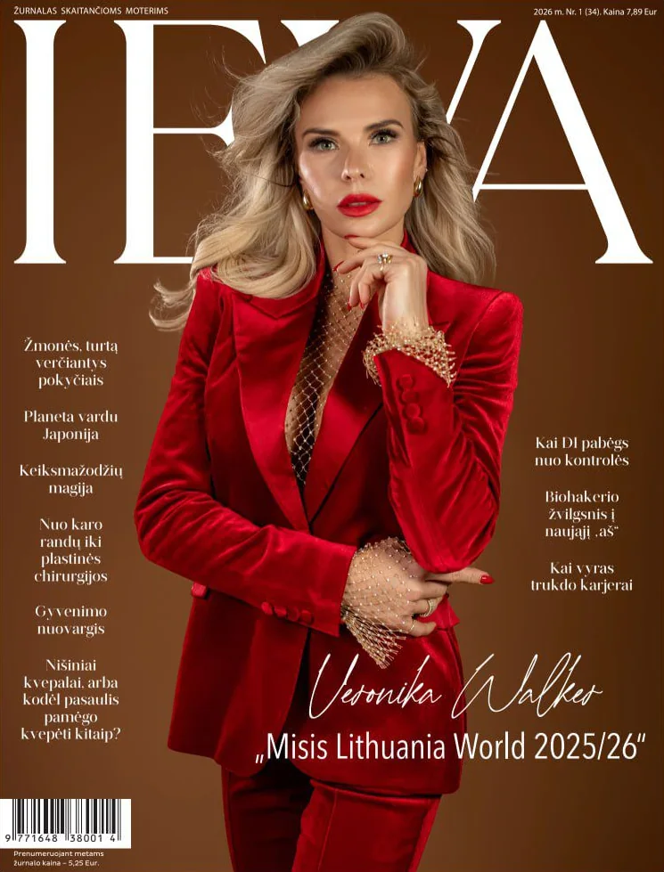 IEVA magazine cover featuring Veronika Walker, Misis Lithuania World 2025/26, photographed by Dreams Factory Photography